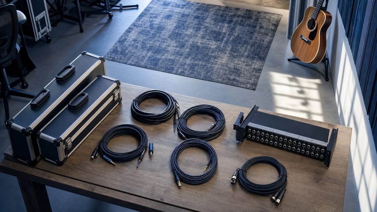 Cool studio worktable with closed equipment cases, coiled audio cables, a patch bay, and a resting acoustic guitar.