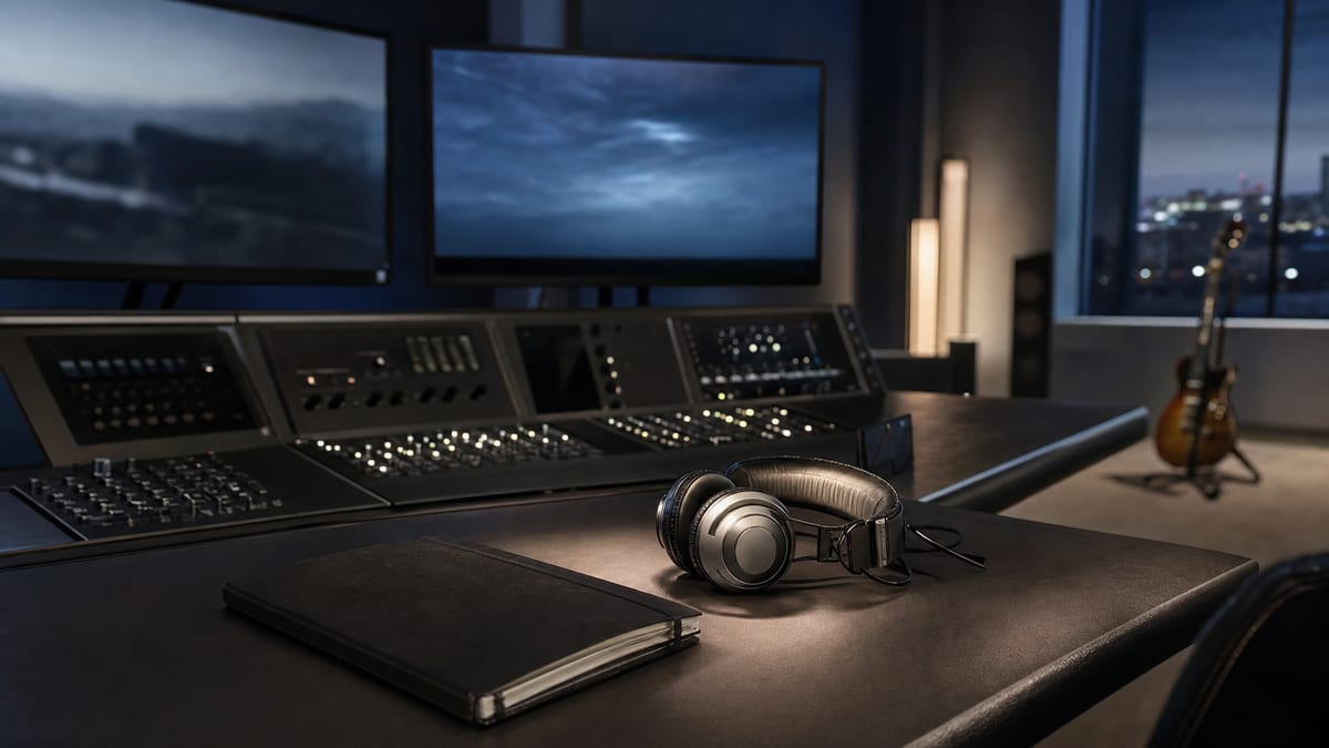 Cool blue post-production room with headphones, notebook, console, and a small guitar resting in the background.