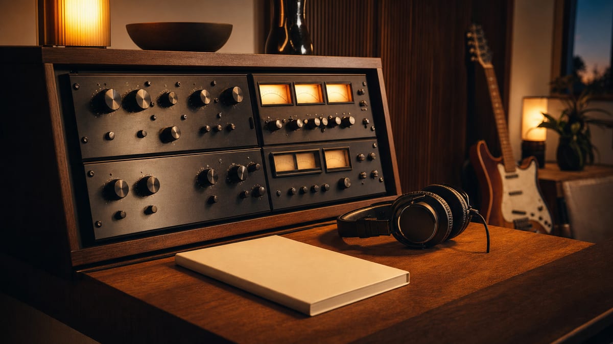 A warm amber recording desk with an unbranded analog rack unit, headphones, blank notebook, and a guitar resting in the background, no readable text or logos.