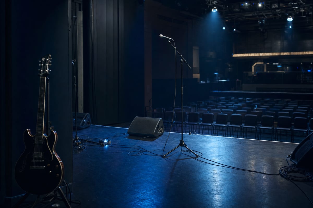 Cool blue-grey empty venue stage with a microphone, chairs, cables, and a guitar resting safely at the side.