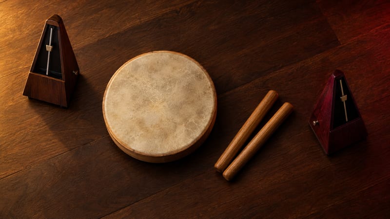 A hand drum, wooden claves, and two resting metronomes sit on a dark studio floor.
