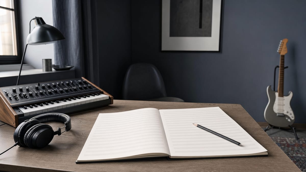 Cool blue-grey writing room with blank staff paper, pencil, headphones, and a guitar resting against a wall, with no readable text or logos.