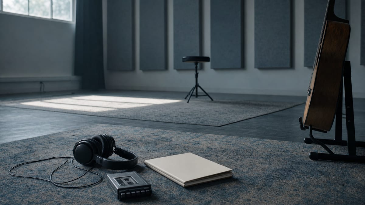 Cool blue-grey rehearsal room with unbranded headphones, blank notebook, cassette recorder, and a guitar resting on a stand, with no readable text or logos.