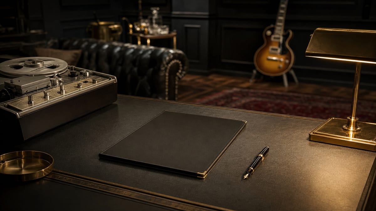 Dark charcoal and brass business desk with blank contract folder, fountain pen, tape reel, and a guitar resting in the background, with no readable text or logos.