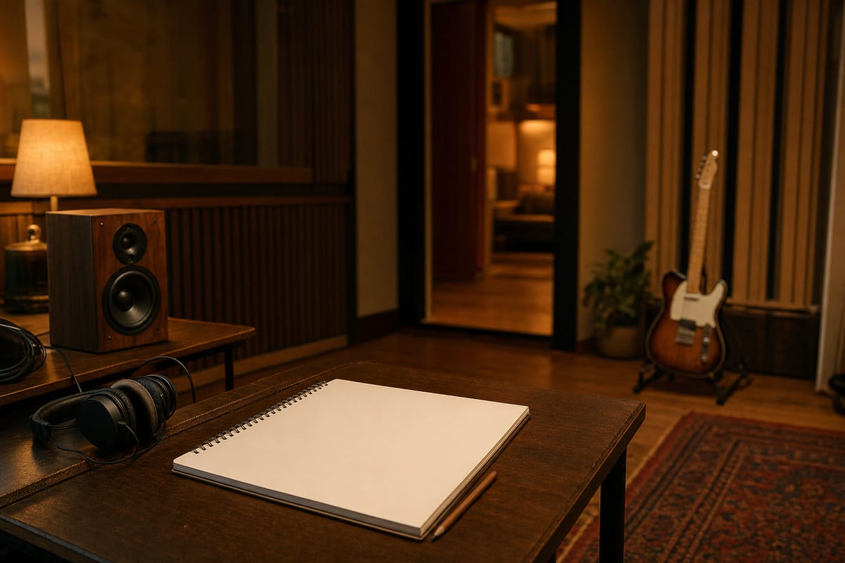 Warm analog recording room with blank session notes, headphones, a small speaker, and a guitar resting on a stand.