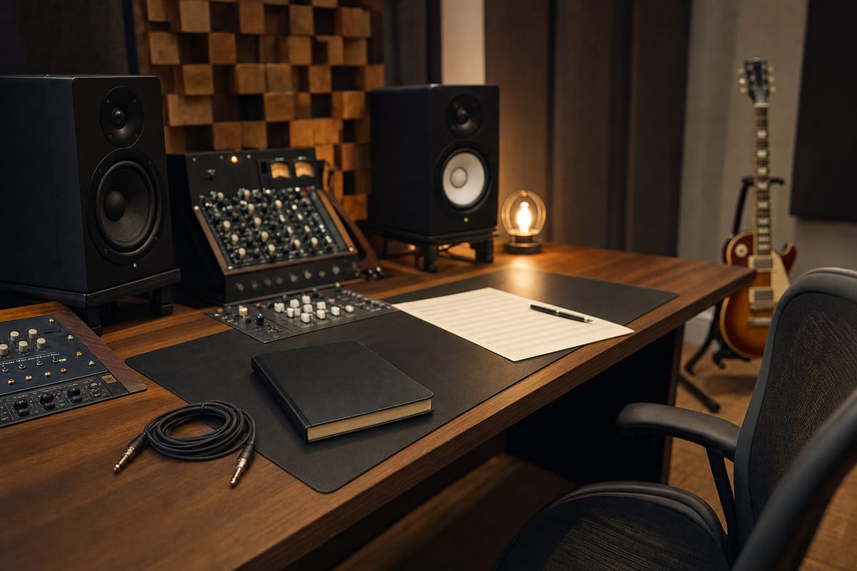 Warm studio desk with a closed notebook, compact monitor speakers, a coiled cable, a marked-up track sheet with no readable text, and a guitar resting on a stand in the background.
