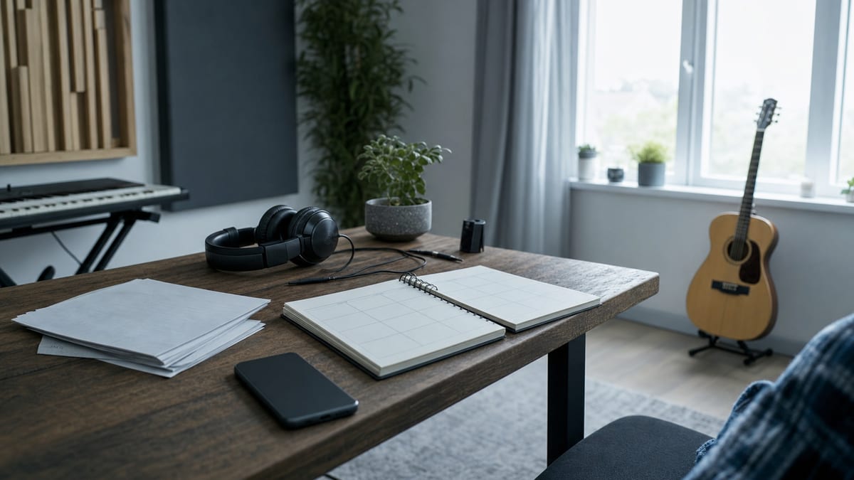 Cool morning home studio with a blank planner, headphones, papers, phone, and an acoustic guitar resting on a stand.