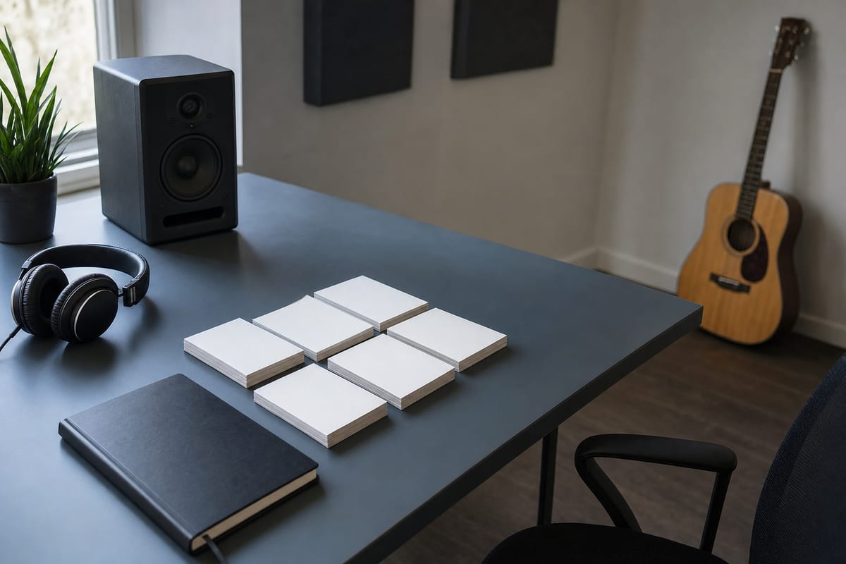 Cool blue release planning desk with blank cards, headphones, a small speaker, and a guitar resting against a wall.