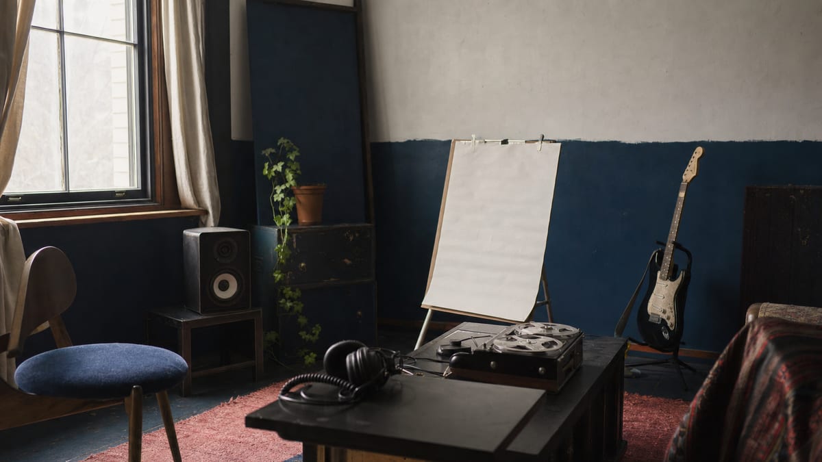 Editorial rehearsal room with headphones, tape reels, a blank paper board, and a guitar resting on a stand, with no readable text or logos.