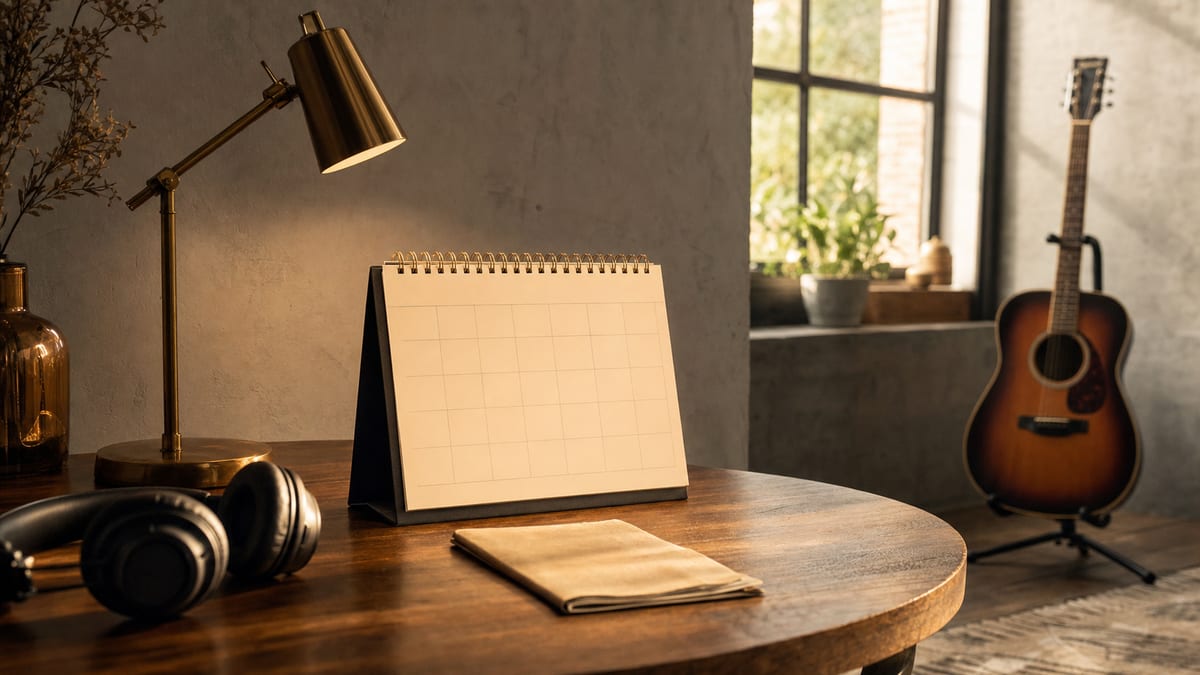 Warm amber planning desk with a blank calendar, headphones, a small lamp, and a guitar resting on a stand, with no readable text or logos.