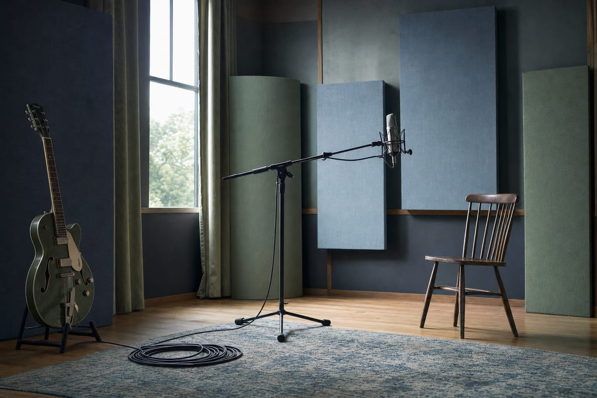 Blue-green recording room with a single studio microphone, acoustic panels, coiled cable, wooden chair, and an intact electric guitar resting on a stand at the edge of frame.