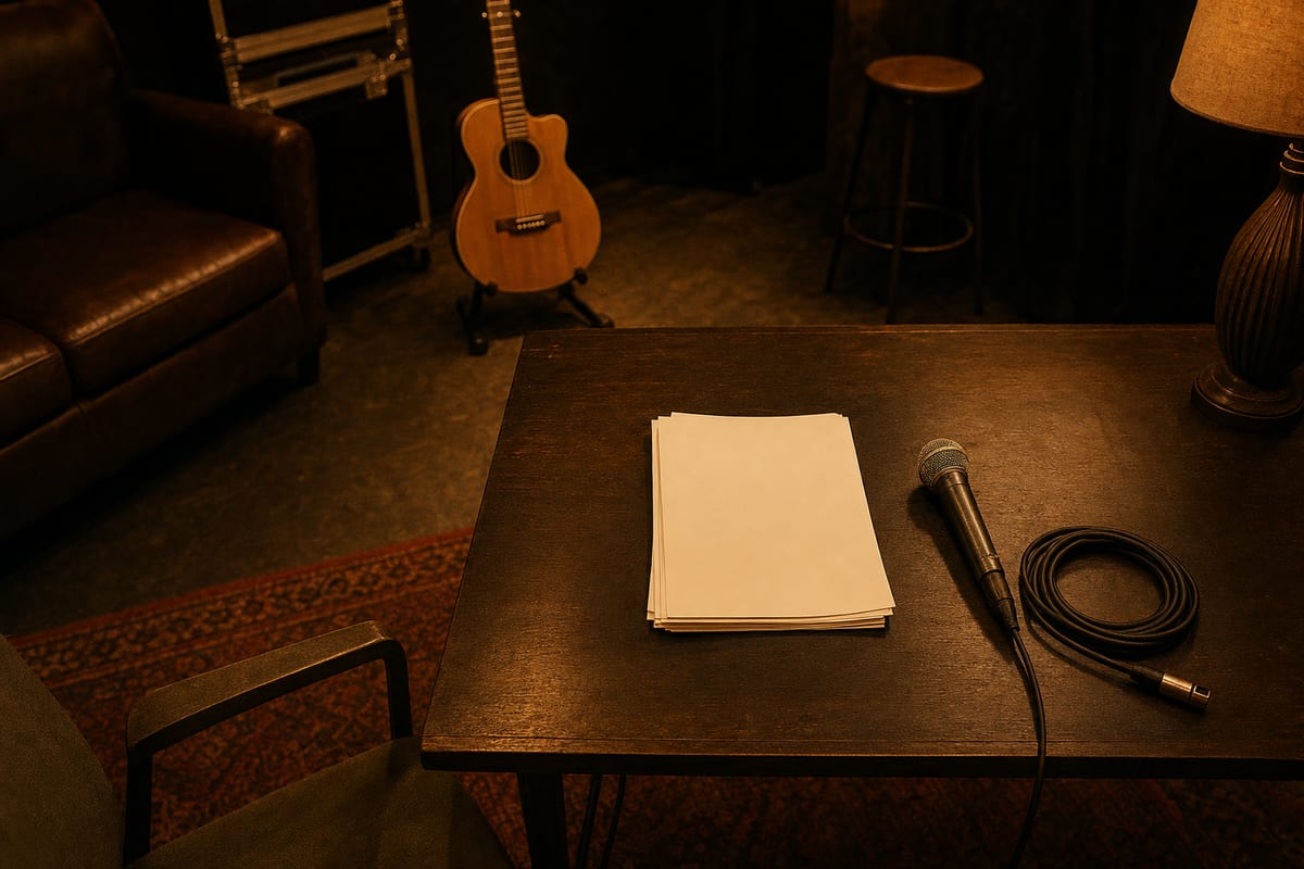 Warm backstage rehearsal room with blank stage notes, microphone, coiled cable, and a guitar resting on a stand, with no readable text or logos.