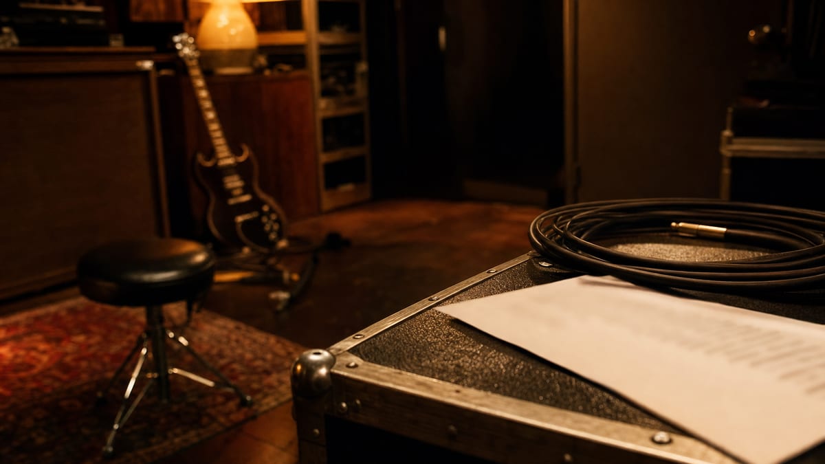 Dark amber rehearsal room with a blank sheet on a road case, coiled cable, drum stool, and a guitar leaning safely against furniture in the background, with no readable text or logos.