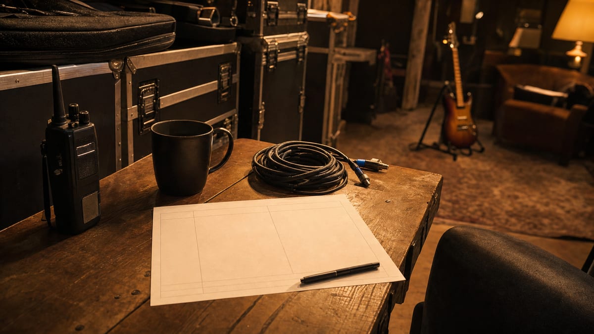 Warm venue office with a blank schedule sheet, radio, coffee mug, road cases, and a guitar resting on a stand with no readable text or logos.