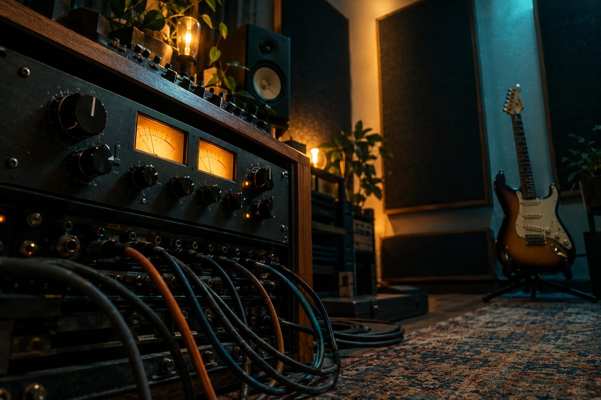 Low-angle recording studio with a hardware compressor, glowing meters, patch cables, acoustic panels, and a guitar on a stand.