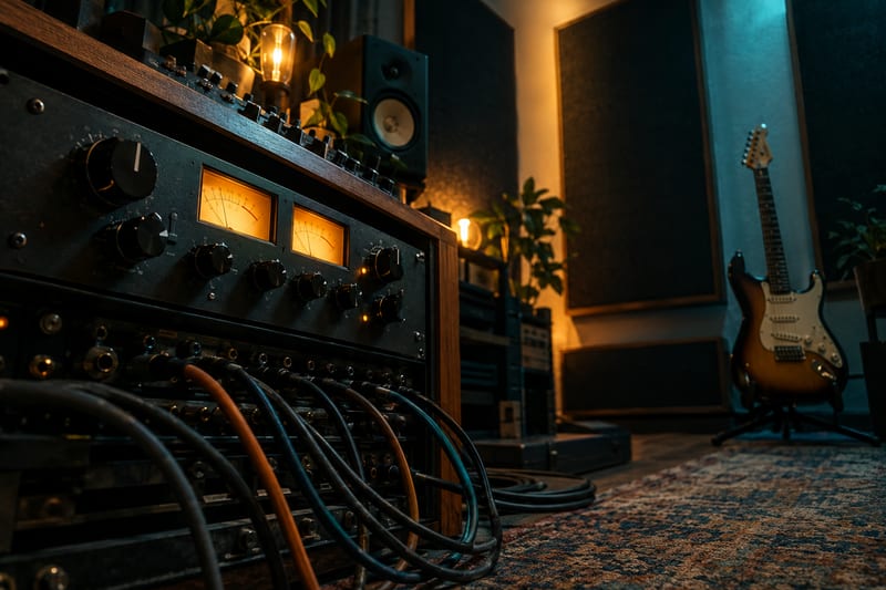 Low-angle recording studio with a hardware compressor, glowing meters, patch cables, acoustic panels, and a guitar on a stand.