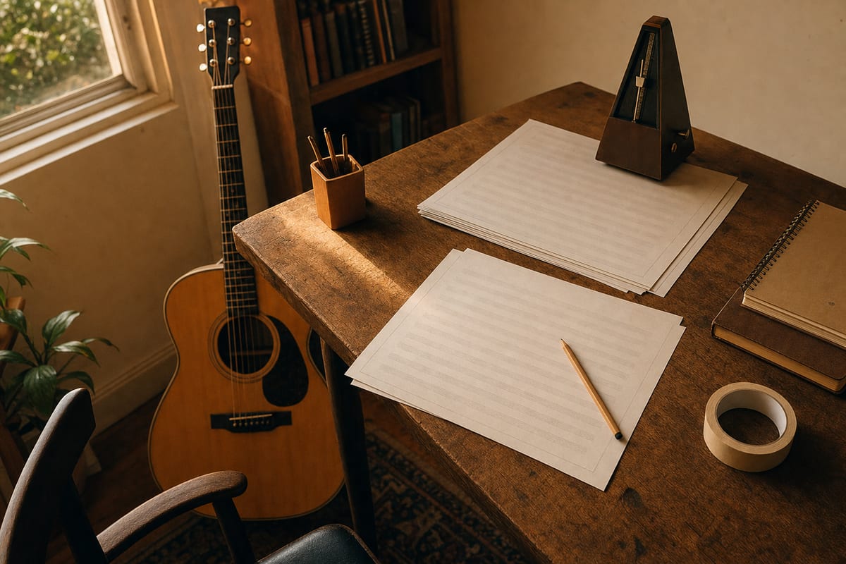Warm home studio desk with blank arrangement sheets, a metronome, a pencil, and a guitar resting safely by the window.