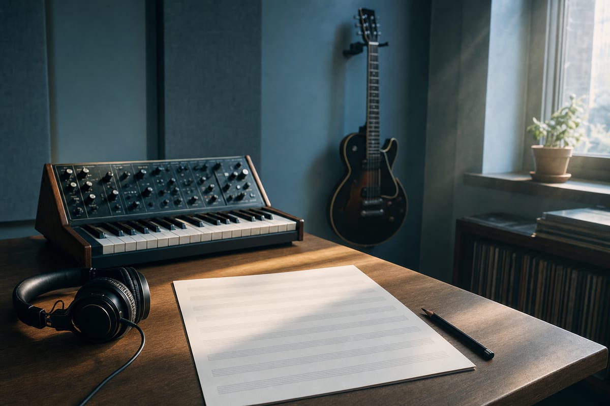 Cool blue-grey songwriting studio with blank staff paper, pencil, headphones, analog synthesizer, and a guitar resting on a wall hanger, with no readable text or logos.
