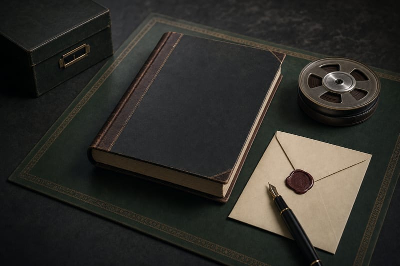 Dark editorial desk with a closed leather ledger, sealed envelope, fountain pen, and vintage reel on a muted green writing surface.