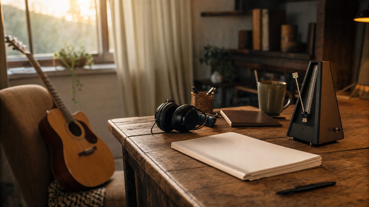 Warm writing room with blank lyric paper, a metronome, headphones, and a small guitar resting beside a chair.