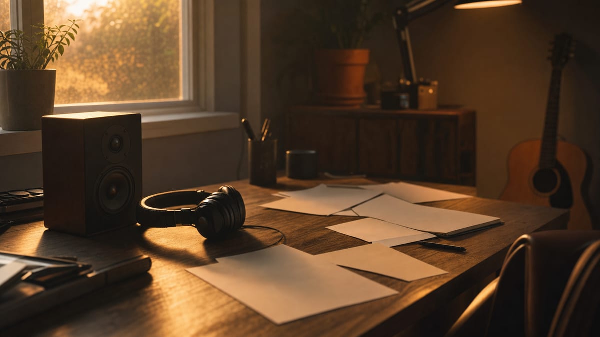 A quiet editorial desk with headphones, a blank release plan, a small speaker, and a guitar resting against a wall in evening light, no readable text or logos.