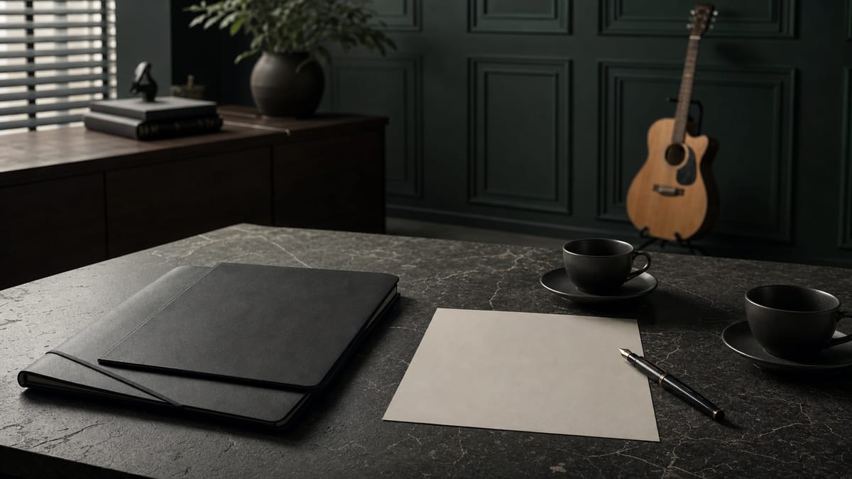 A dark green rights desk with blank folders, blank paper, a pen, cups, and an acoustic guitar resting in the distance, no readable text or logos.