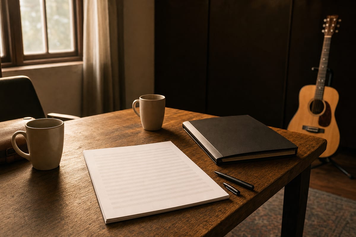 Warm editorial desk with a blank co-writing worksheet, capped pen, two coffee cups, a closed folder, and a small intact acoustic guitar resting on a stand in the background.