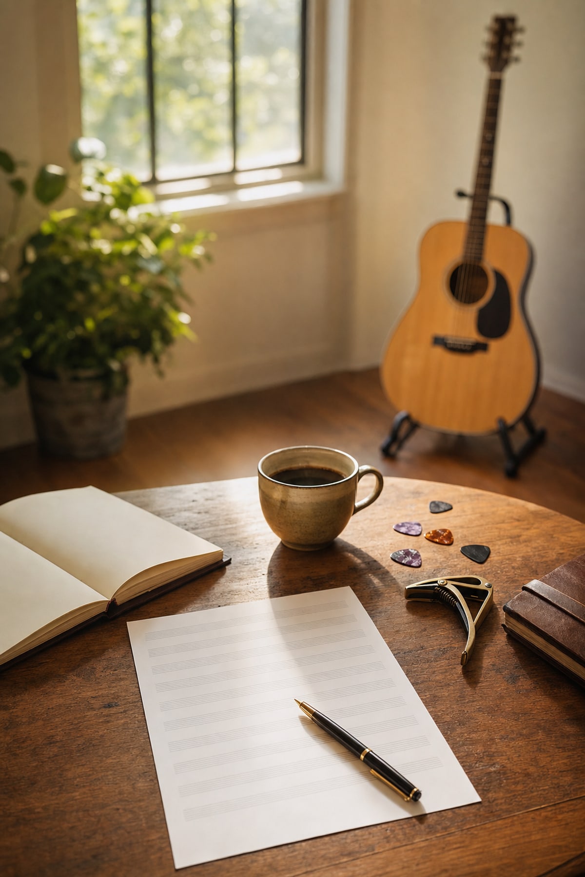 A songwriter's desk with a blank document, pen, guitar picks, and a capo, beside an acoustic guitar resting on a floor stand
