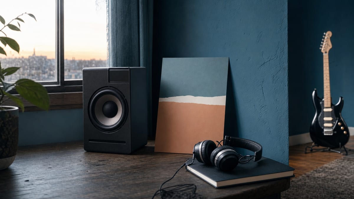 Cool blue studio corner with a speaker, abstract color card, headphones, and a small guitar resting against the wall.
