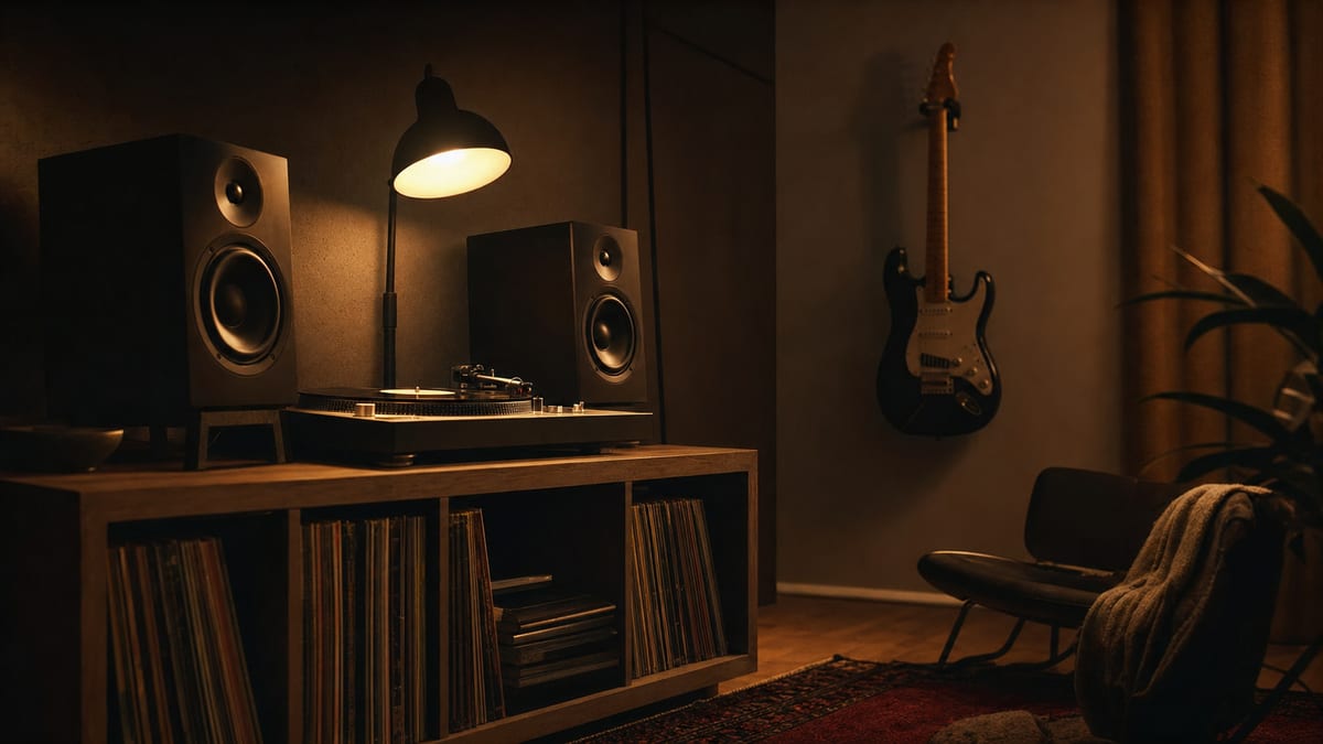 Dark amber listening corner with studio monitors, turntable, records, lamp, and a guitar resting on a wall hanger.