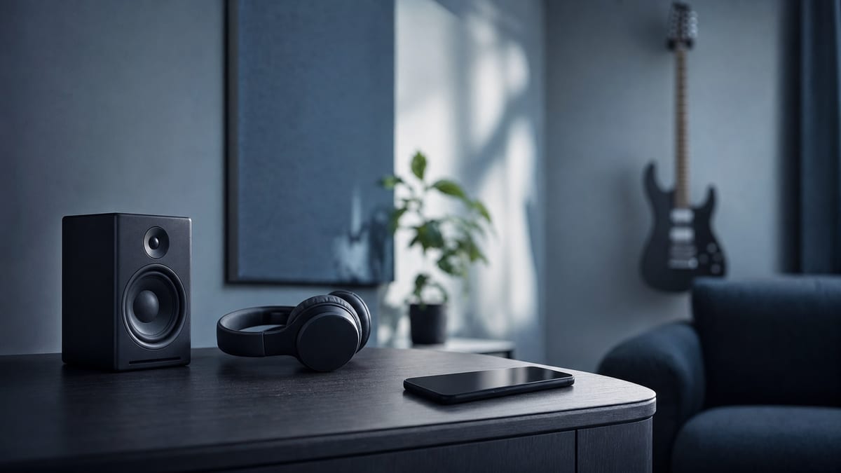 Cool blue-grey listening room with a blank smartphone face down, headphones, a compact speaker, and a guitar resting on a wall hanger in the background, with no readable text or logos.