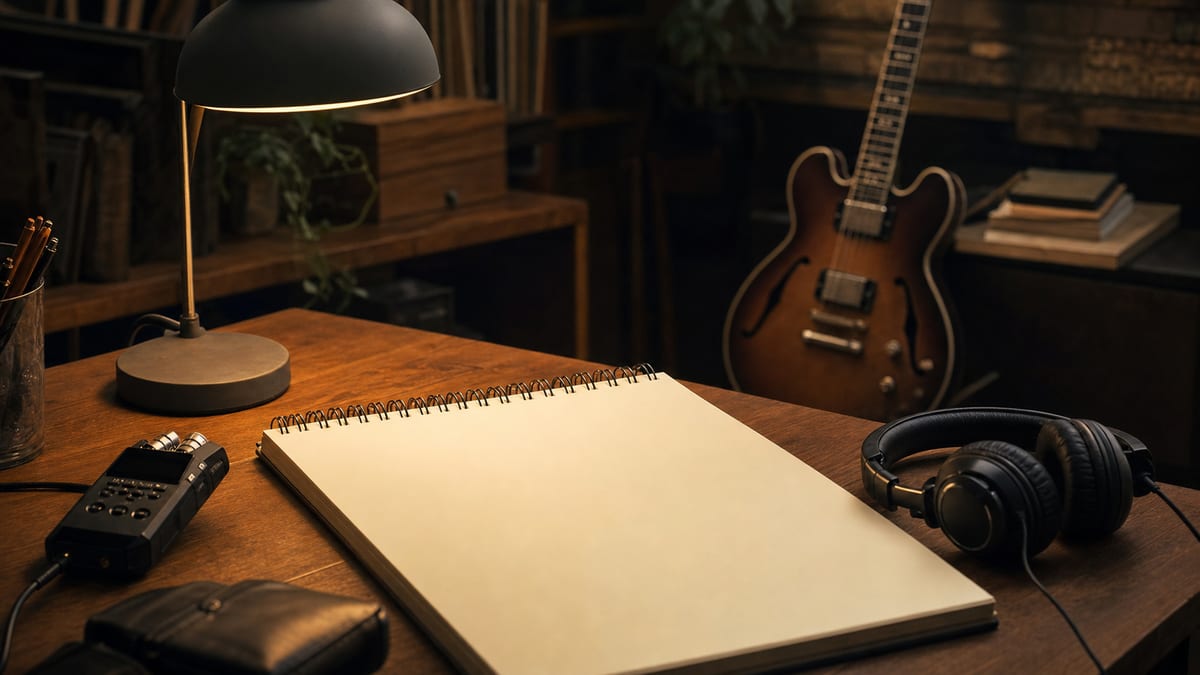 Warm film production desk with a blank storyboard pad, headphones, a small audio recorder, and a guitar resting against a stand in the background, with no readable text or logos.