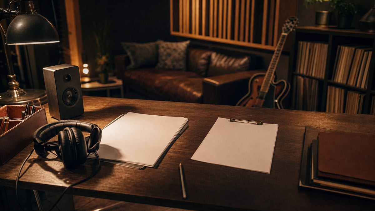 Dark amber rights desk with blank cue sheets, headphones, a small speaker, and a guitar resting beside a shelf.