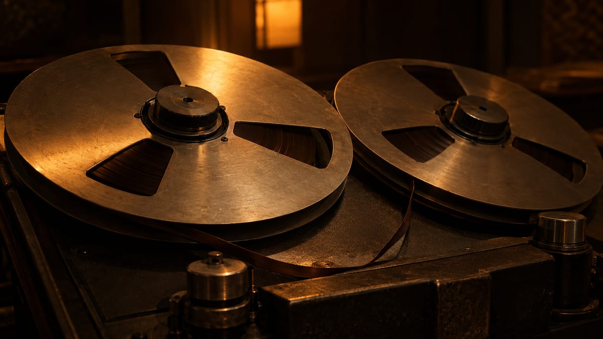 Close dark-amber view of two analog tape reels and threaded tape on a machine in warm low light.