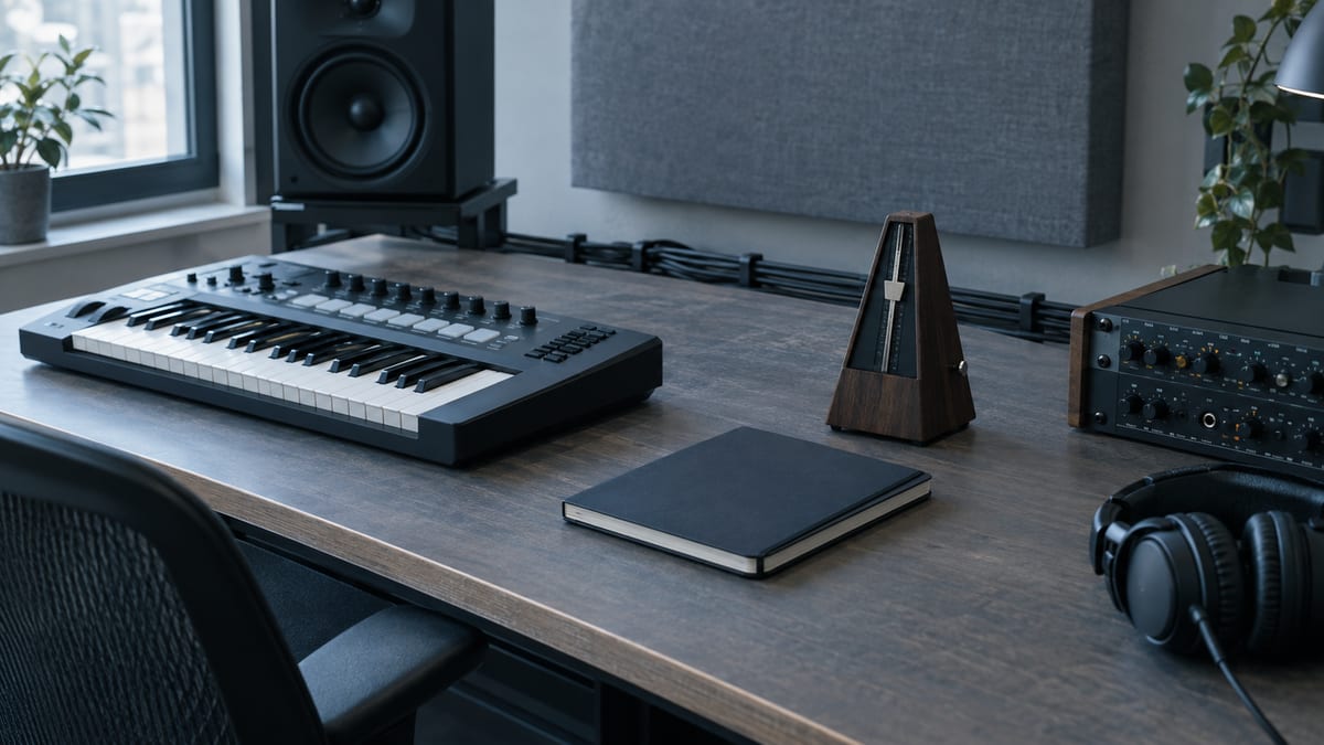 A wooden metronome stands beside a keyboard controller and closed notebook in a cool-toned studio.