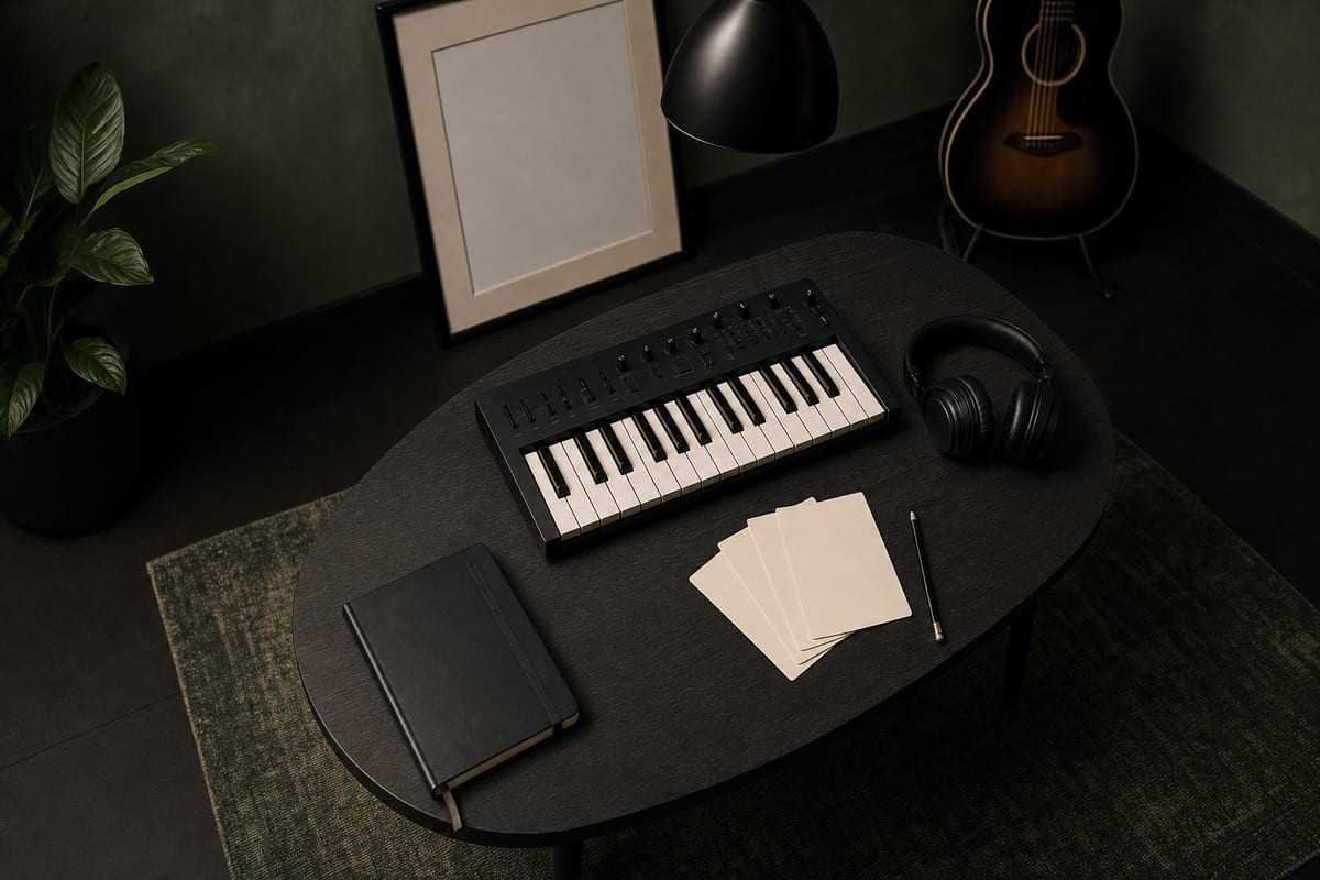 Dark music-writing studio with a closed black notebook, blank lyric cards, pencil, compact keyboard, headphones, blank framed paper, and a guitar resting on a stand, no readable text.