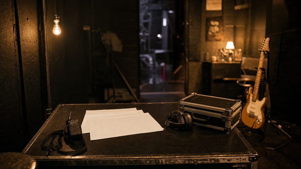 Dark amber backstage planning table with blank run sheets, a radio, headphones, and a guitar resting safely in the corner.