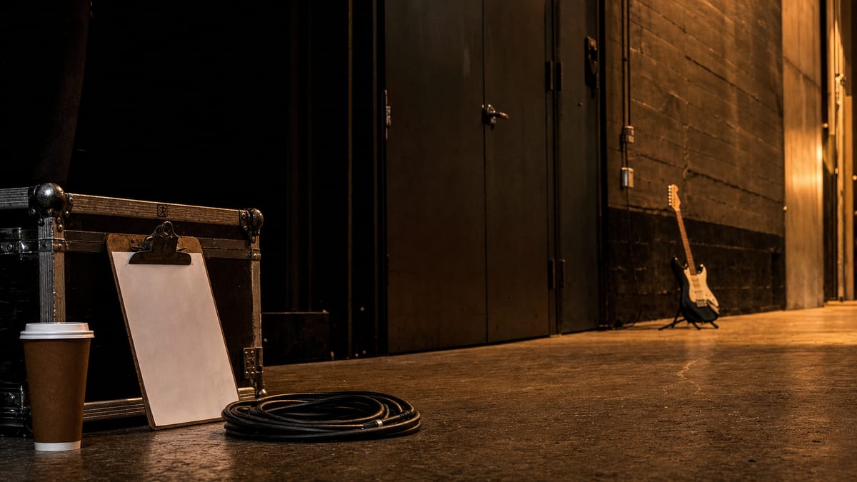 Warm backstage loading area with a road case, blank clipboard, coiled cable, coffee cup, and a small guitar resting on a stand.