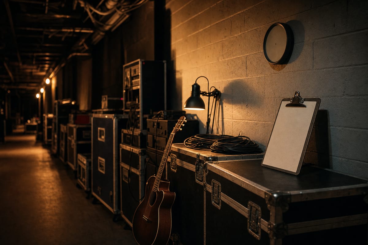 Dark amber backstage corridor with road cases, coiled cables, a blank clipboard, and a guitar resting against a case.