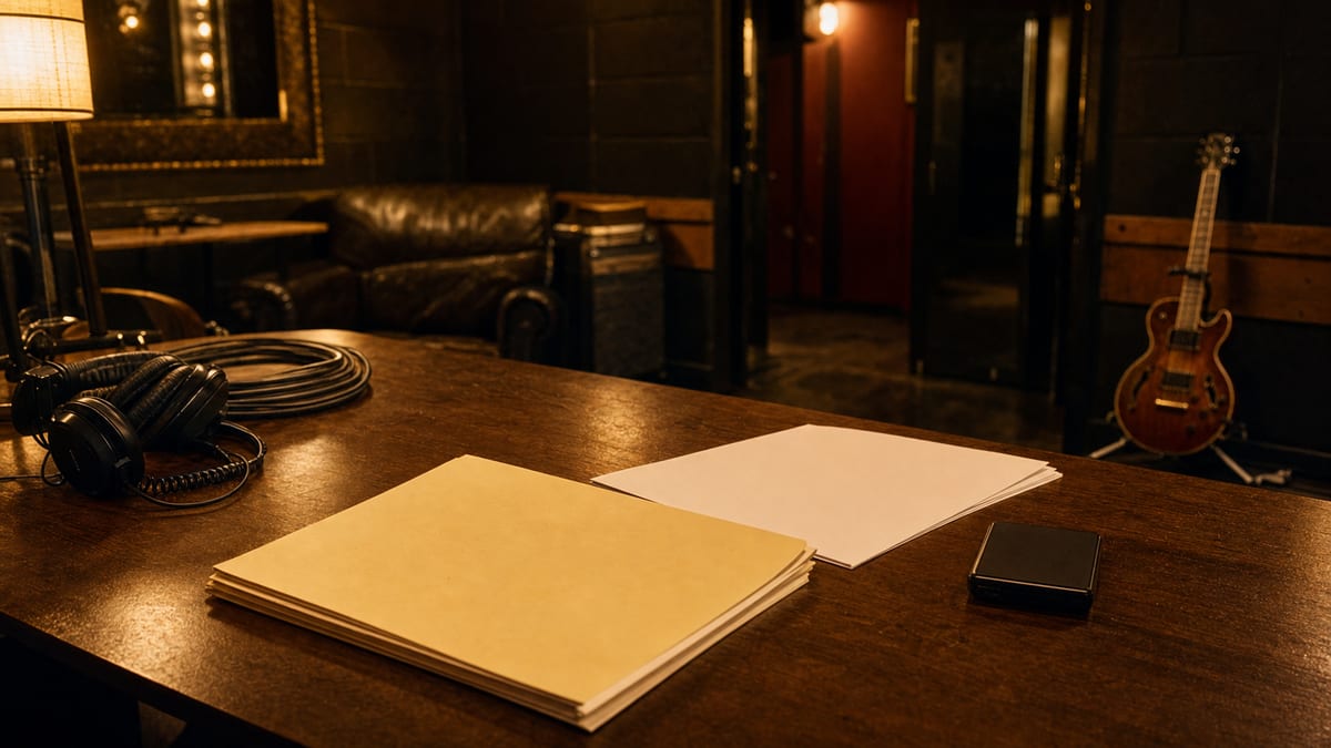 Dark amber backstage office with blank settlement papers, headphones, cables, and a guitar resting on a stand.