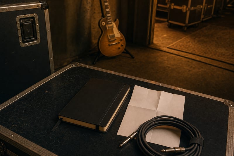 Warm amber backstage planning scene with a closed notebook, blank folded paper, road case, coiled cable, and a guitar resting on a stand.