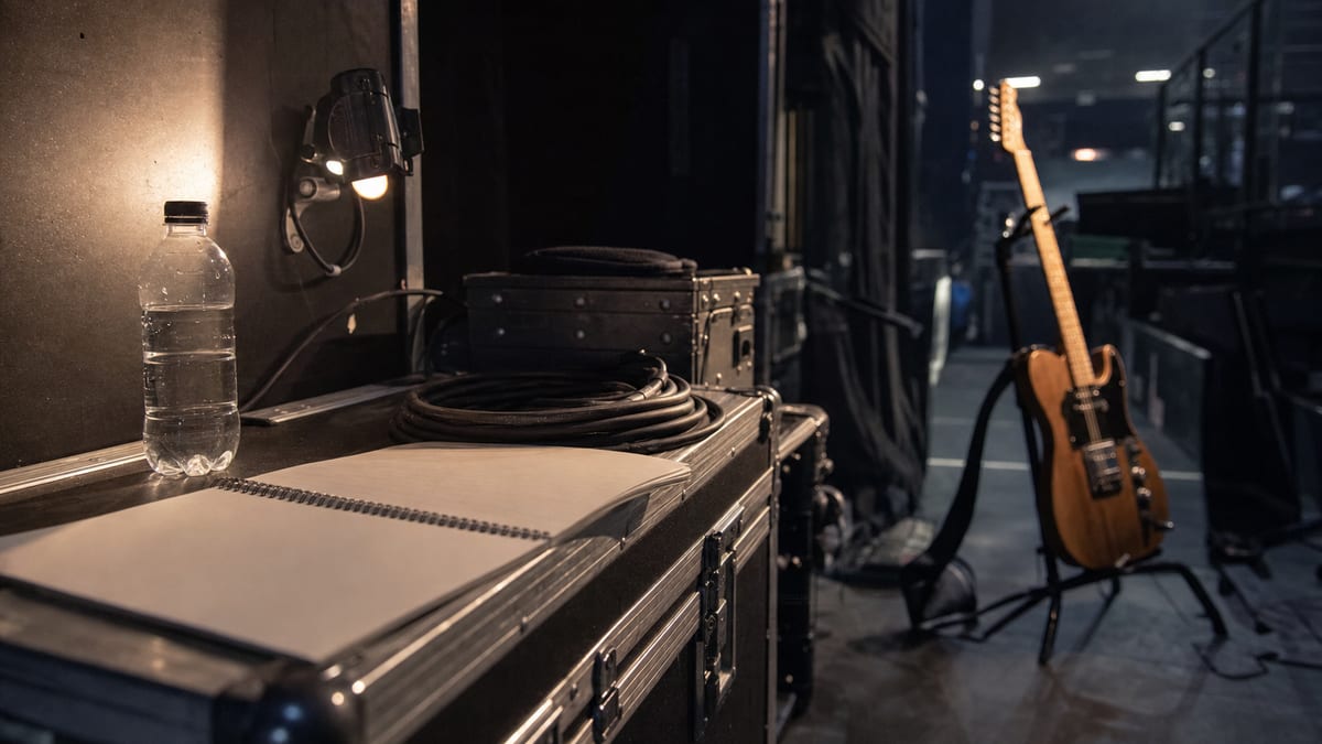 Backstage touring workspace with a blank road notebook, coiled cables, a water bottle, road cases, and a guitar resting on a stand, with no readable text or logos.