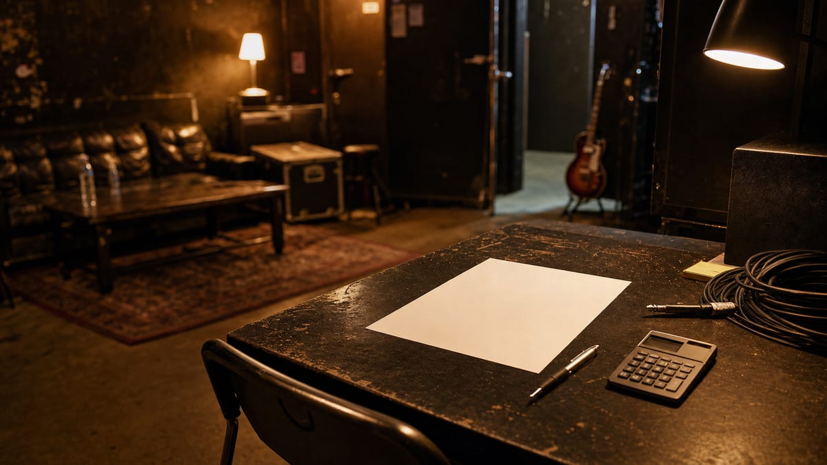 Warm backstage venue office with a blank settlement sheet, calculator, coiled cable, and a small guitar resting on a stand.