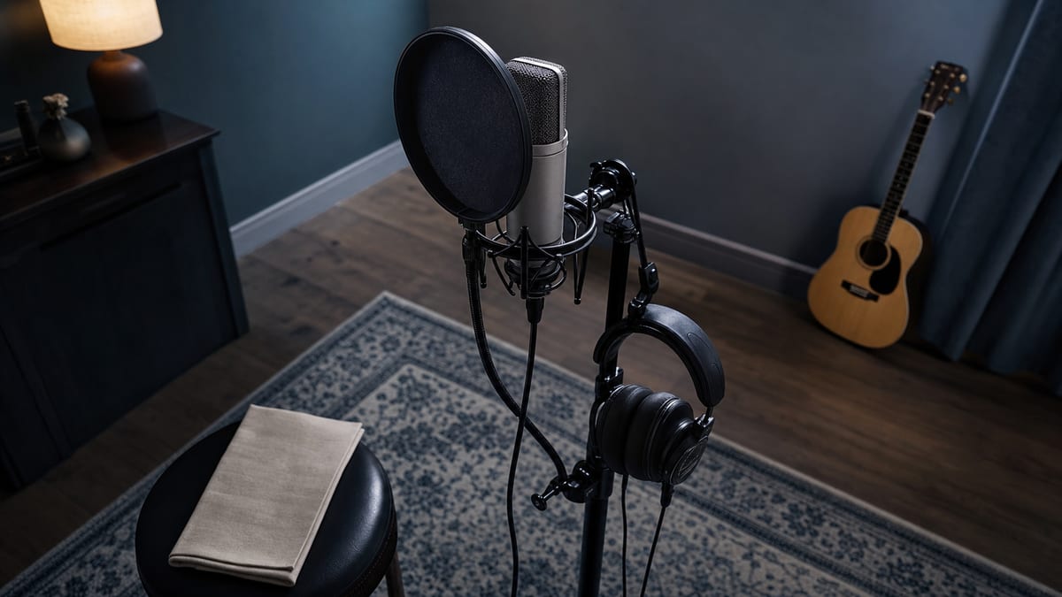 Cool home vocal studio with a condenser microphone, pop filter, headphones, blank lyric sheet, and a small guitar resting against the wall.