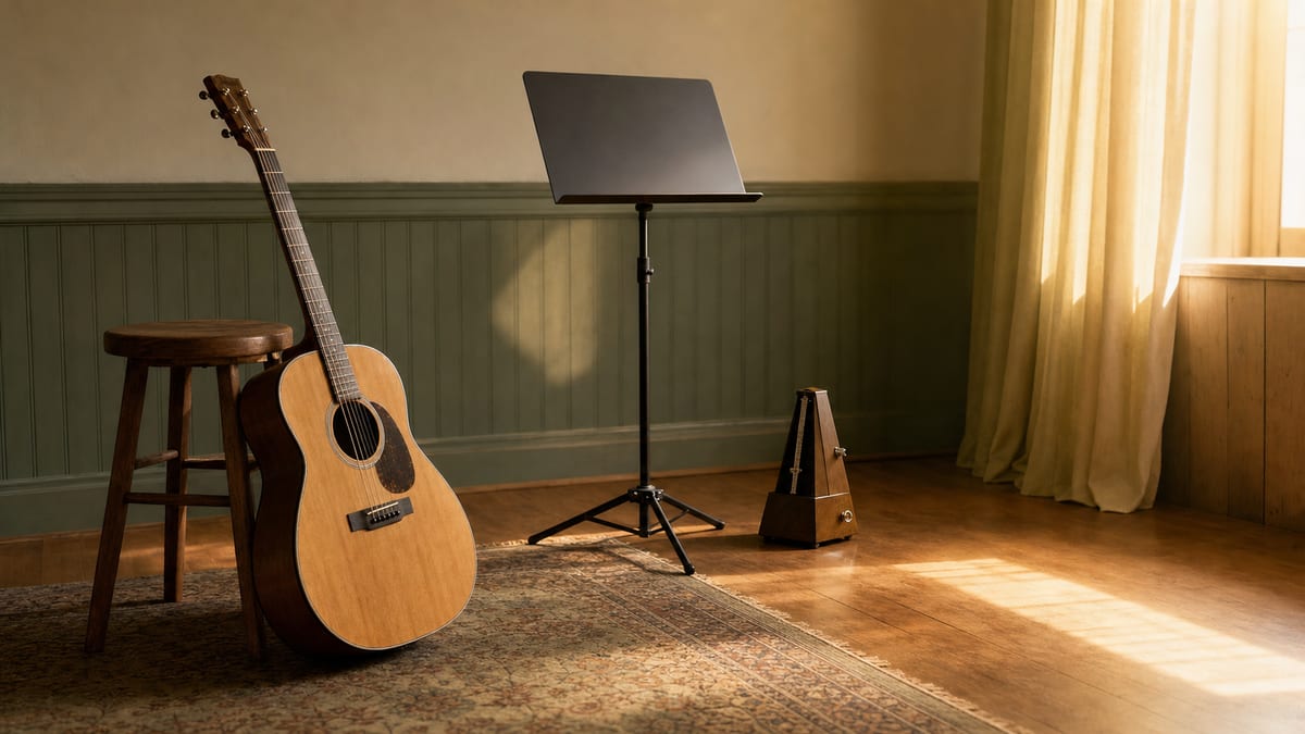 Warm rehearsal-room still life with a resting acoustic guitar, a blank music stand, and a wooden metronome.