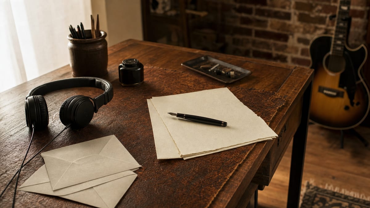 Moody cream and rust writing desk with blank envelopes, headphones, a pen, and a guitar resting in the background with no readable text or logos.