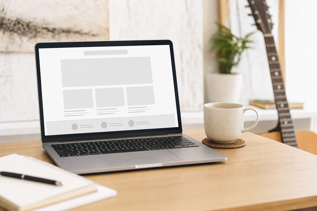 A laptop on a clean desk showing a blank webpage layout, with a resting acoustic guitar and a coffee cup nearby.