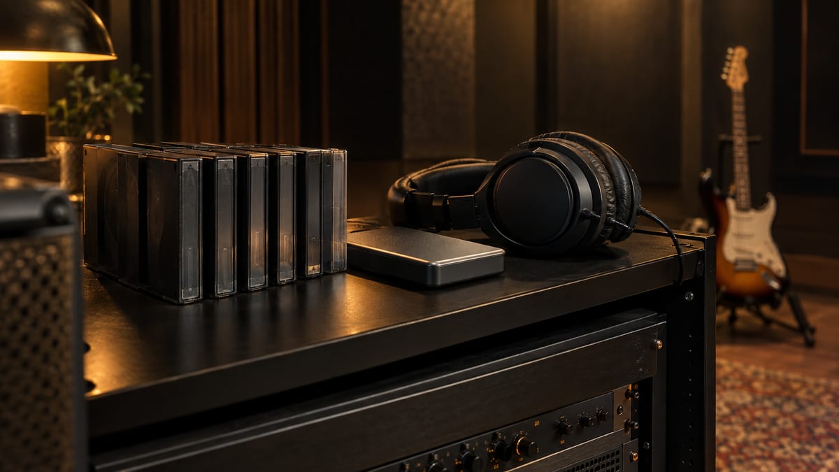 Dark amber recording room with unmarked audio carriers, a plain drive, headphones, and a resting electric guitar.