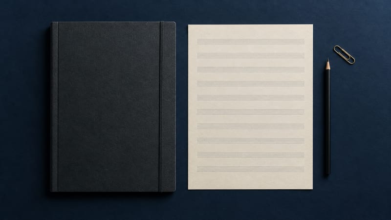 A blank music manuscript page and pencil sit beside a closed charcoal portfolio on a navy table.