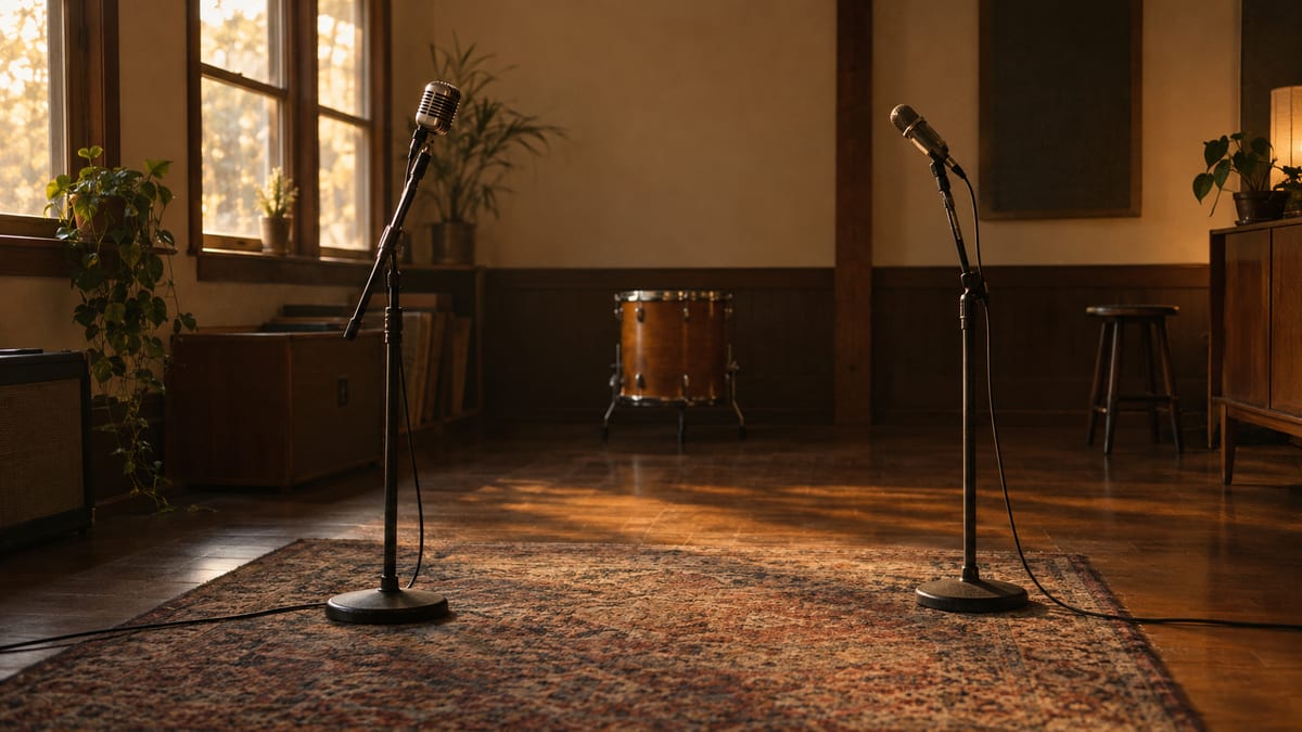 Two vintage microphones face each other across a warm-lit rehearsal room with a drum in the background.
